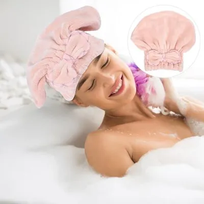 Produktbild von Haartrocknungsmütze aus Korallenfleece für Frauen, schnell trocknendes und saugfähiges Mikrofaser-Haartuch in Rosa für Hautpflege und Maskenanwendung