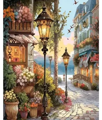 Produktbild von Diamant-Mosaik, Blumenstraße mit Laternen, kreatives Design, 30x40 cm