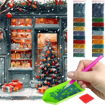 Produktbild von ARTULIO Diamond Painting Set - Weihnachtsbaum mit Geschenken vor Ladenfassade - 60 x 40 cm - Groß XXL - 5D Crystal Art, Bilder DIY