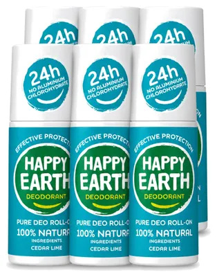 Produktbild von 6 x Happy Earth Deodorant Roll-On Cedar Lime 100% Natürlich 75 ml - Vorteilspackung - 6 Stücke