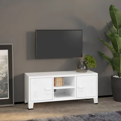 Image de The Living Store Armoire TV style industriel blanc 105x35x42 cm Métal