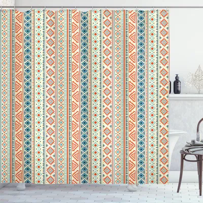 Image de ABAKUHAUS Rideau de douche africain, motifs géométriques verticaux avec ornements tribaux, motifs folkloriques, 175 x 220 cm, orange, bleu, jaune pâle