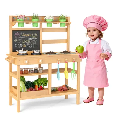 Image de COSTWAY Cuisine extérieure pour enfants, cuisine pour enfants avec tableau, robinet, évier, pots de fleurs et accessoires de jardin, cuisine de jardin en bois, pour enfants de 3 ans et plus
