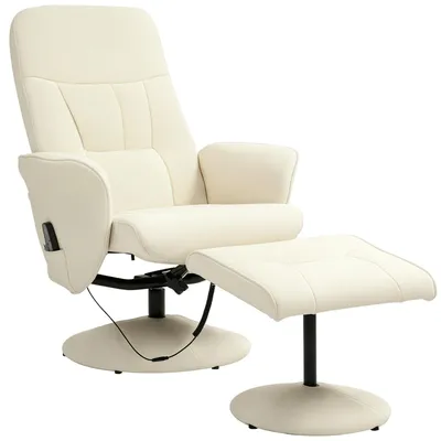 Obrázok produktu pre Masážne kreslo s podnožkou, ergonomická stolička s 10 vibračnými bodmi, umelá koža, 76 x 81 x 105 cm, krémovo biela