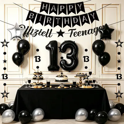 13. Geburtstagsdeko-Set – Banner, Girlande, Ballons, schwarz