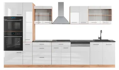 Obrázek produktu pro Kuchyňský kout Vicco R-Line Bílý vysoký lesk/zlatý dub power 350 cm s vysokou skříní, PD Antracit, Model 49469