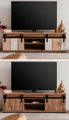 Image de Buffet TV Marrakesch en chêne natif Valhalla et pin natif Milford Buffet TV avec portes coulissantes réversibles 160 cm