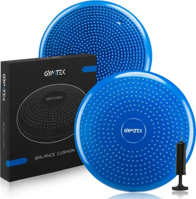 A product shot of two blue balance cushions and a box, with a pump visible.