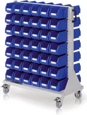 Produktbild von Mobile Stellwand - Schlitzwand für Sichtlagerkästen - beidseitig - mit 84 Kästen bestückt - 1.230 x 1.000 x 500 mm (HxBxT)