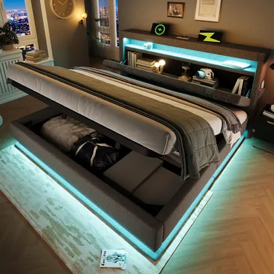 Image de OKWISH Lit Coffre Double 140x190 cm - Lit Adulte avec Rangement Hydraulique, LED et Ports USB Type-C - Sans Matelas - Lin - Gris