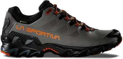 Grauer La Sportiva Ultra Raptor II Leather GTX Schuh mit schwarzen und orangefarbenen Details und Schnürsenkeln