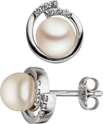 Produktbild von JOBO Ohrstecker 925 Sterling Silber mit 2 Süßwasser Perlen weiß und Zirkonia Ohrringe