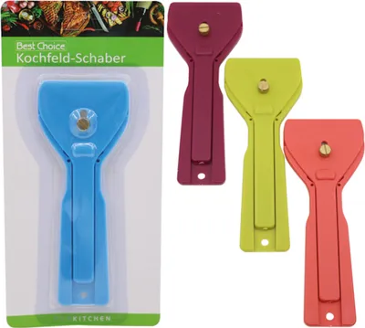 A product shot of multiple kitchen scrapers in different colors, with one in packaging.