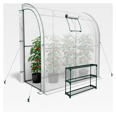 Produktbild von KANWOD Anlehngewächshaus mit Regal, 2 aufrollbaren Türen, Fenster, winterfest, stabil und einfach zu montieren, Tomatengewächshaus für Balkon und Garten, 100×200×210 cm
