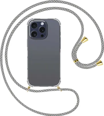 Produktbild von Handykette Backcover-Schutzhülle mit Band (Metall goldfarben) für iPhone 16 Pro - weiß/grau kariert