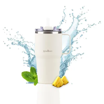 Obrázek produktu pro Termoláhev ROSMARINO, 580 ml, nerezová ocel. Kompaktní termoizolační láhev. Udržuje nápoje studené po dobu 11 hodin a teplé po dobu 7 hodin. Termoska s brčkem. Odolná proti úniku a bez BPA. Cestovní hrnek na kávu – krémová barva, objem 580 ml