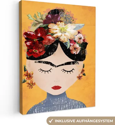 Produktbild von MuchoWow® - Leinwandbilder - Frau - Blumen - Gelb - Kunst, Wandbild, Wanddeko Bilder Wohnzimmer, 60x80 cm