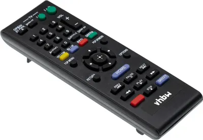 A black remote control is shown against a white background.