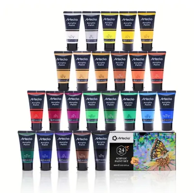 Produktbild von Artecho 24 x wasserfesten Acrylfarben, je 60ml Tuben – für Papier, Ton, Holz, Steine, Glas uvm.– zum Reisen, Malen & Freude verschenken