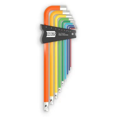 Produktbild von INBUS® Inbusschlüssel Set Winkelschraubendreher ColorGrip Bunt mit Kugelkopf 9teilig 1.5 bis 10 mm XL Germany