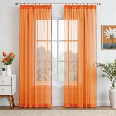 Productafbeelding van Unyqoos® Transparante voile gordijnen, set van 2, 225 x 140 cm, 100% polyester, zachte oranje kleur – lichtdoorlatend, geschikt voor woonkamer en slaapkamer, met plooiband
