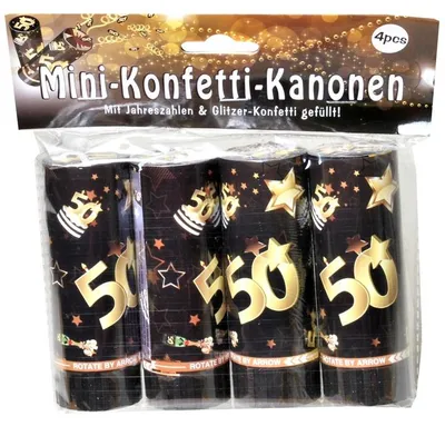 Produktbild von Set Konfetti Kanonen mit Jahreszahl zum 50. Geburtstag schwarz/gold