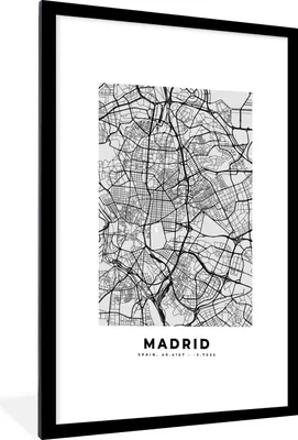 Produktbild von MuchoWow® Gerahmtes Poster Madrid - Schwarz und weiß - Stadtplan - Karte 60x90 cm - Poster mit Schwarzem Bilderrahmen Wandposter Rahmen Foto Bilder - Dekoration - Wandposter Wohnzimmer - Hochwertig