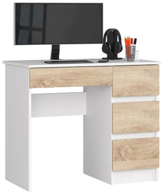 Produktbild von Computerschreibtisch – Schreibtisch – Bürotisch – Büroschreibtisch – 90 cm – Weiß / Sonoma Eiche – Kompakter Computertisch mit 4 Schubladen rechts
