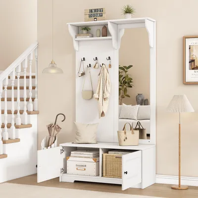 Produktbild von okwish Garderobenset Garderobenständer Flurschrank mit Spiegel,5 Kleiderhaken,2 Schränken und Regal,Kleiderständer mit Soft-Close-Scharniere und Schuhschrank,Weiß