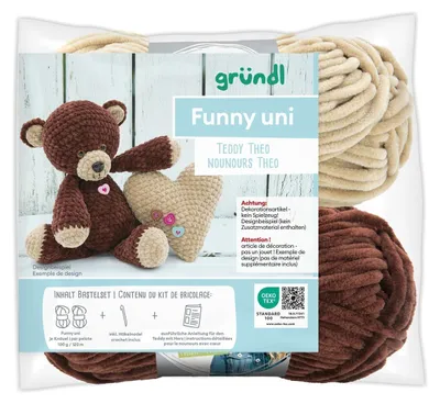 Produktbild von Gründl Funny uni Häkelset,Häkeltier,2 x100g Funny uni Chenillegarn, 1 Häkelnadel +Anleitung Deutsch Teddy Theo