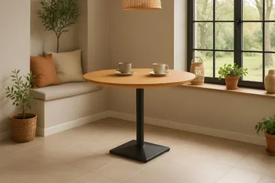 A round wooden table with two cups and saucers sits in a cozy dining nook with a window view.