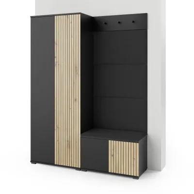 Produktbild von Garderoben-Set Rosario Version 1 mit Lamellen, Kleiderschrank mit Polsterplatten und Schuhschrank (Schwarz / Eiche Artisan, Trinity 16)