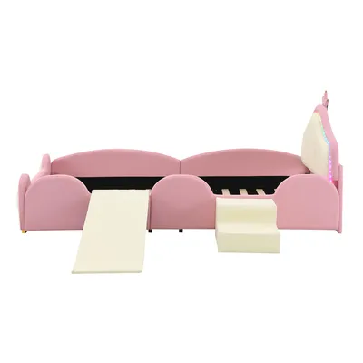 Produktbild von Merax Kinderbett 90x200 cm mit LED-Licht, Rutsche & Treppe, PolyurethanPolsterbett mit weichen Kanten, Holzlattenrost & wechselbarer Aufbau, Pink