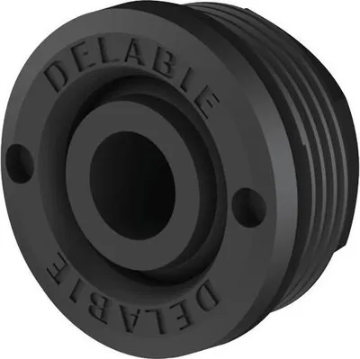 A black, circular plumbing fixture component with the brand name 'DELABIE' embossed on it.