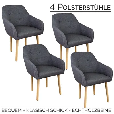 Produktbild von Stühle Esszimmerstühle Armlehnstuhl Polsterstuhl Stoff Sessel mit Armlehne Echtholz Stuhlbeine in 2er, 4er, 6er, 8er Set, in verschiedenen Farben Kingpower , Auswahl:4 Sessel - dunkelgrau