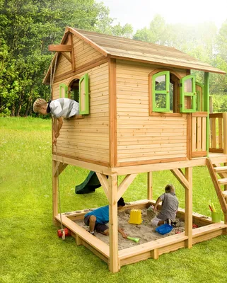 Image de Axi Marc Maison Enfant Avec Bac À Sable & Toboggan Vert | Aire De Jeux Pour L'Extérieur En Marron & Vert | Maisonnette / Cabane De Jeu En Bois