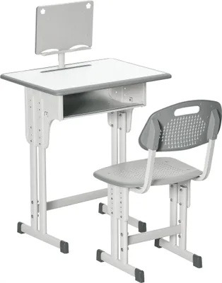 Produktbild von HOMCOM Kinderschreibtisch und -stuhl mit Leseständer, Ablagefach, Haken und Stifthalter – Höhenverstellbar – 60 x 45 x 90–102 cm – Grau