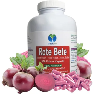Produktbild von Rote Beete rote Bete 360 Kapseln reines Wurzel-Pulver. Sport Fitness Wellness. 100% NATUR pur. OHNE ZUSATZSTOFFE.