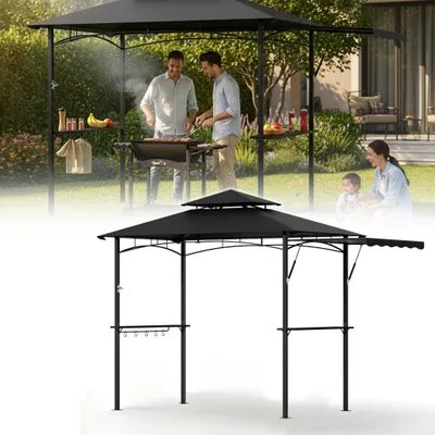 Produktbild von JOIEYOU Grillpavillon mit Seitenvordach & Doppeldach, Grillzelt Gartenpavillon mit Metallrahmen, UV-Schutz, Schwarz, 245x141x253 cm