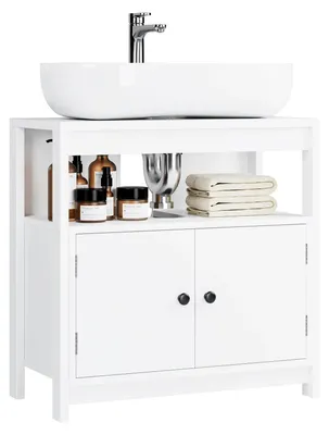 Image de Meuble sous vasque - Armoire de salle de bain - 2 portes et étagère ouverte - Bois - 60 x 30 x 60 cm
