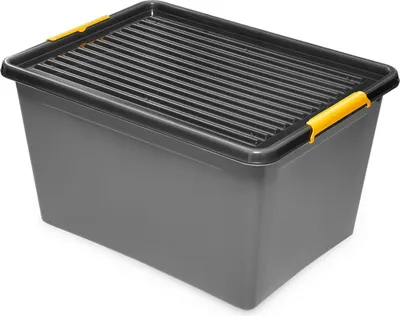 A gray plastic storage box with a black lid and yellow handles, shown from a slightly elevated angle.