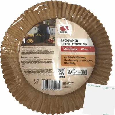 Produktbild von Backpapier für Heißluftfritteusen (1x Packung mit 25Stk, ⌀16cm) + usy Block