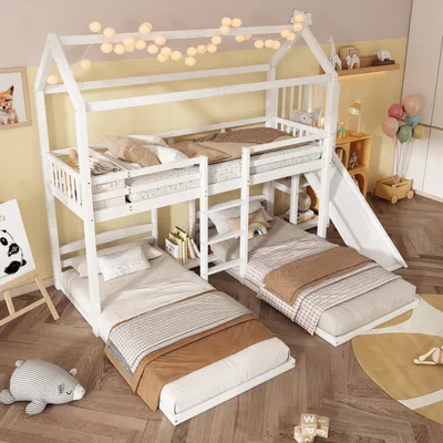 Immagine prodotto di letto a castello okwish 90 x 200 cm, tre letti singoli con scivolo, letto a castello con protezione anticaduta, letto in legno massiccio, struttura del letto con scala a 3 gradini e 1 griglia, bianco (letto inferiore senza griglia)