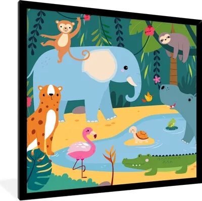 Produktbild von MuchoWow® Gerahmtes Poster Dschungel - Elefant - Tiere 40x40 cm - Poster mit Schwarzem Bilderrahmen Wandposter Rahmen Foto Bilder - Mit Rahmen - Wanddekoration Schlafzimmer