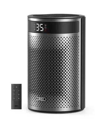 A Dreo Atom 416 heater and its remote control are shown against a white background.