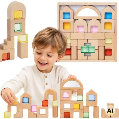 Imagen del producto de Viga Bloques De Construcción De Madera Con Ventanas De Colores 32 Pzs.