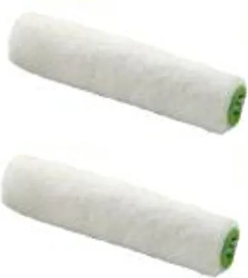 Two white paint roller refills with green ends are shown against a white background.