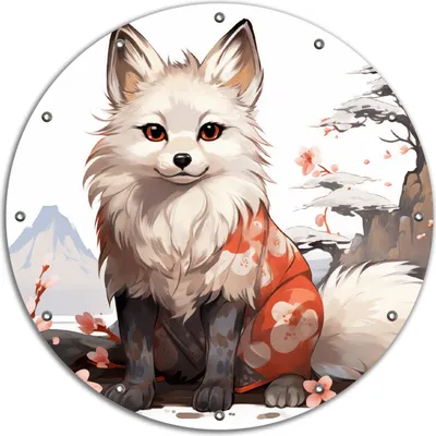 Produktbild von Wallario rundes Outdoor-Poster für Garten oder Balkon, Motiv Fuchs mit Kirschblüten, 90 cm Durchmesser