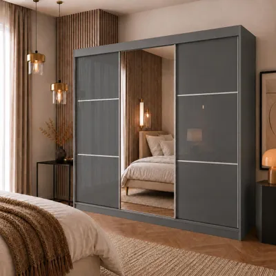 Produktbild von BEAUTYSOFA | Kleiderschrank 240 cm VIVA II Graphit, Schrank mit Schubladen, Spiegel, Schiebetüren Lacobel-Glas, Garderobenstange & Einlegeböden