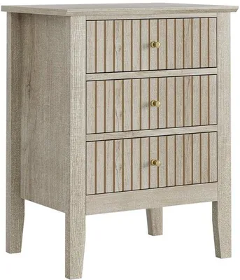 Obrázek produktu pro Noční stolek Unyqoos® se 3 zásuvkami – šedý dub, zlaté úchytky, rozměry 45 x 33 x 61 cm, vyroben z kvalitního dřevěného materiálu, nastavitelné nožky, vhodný do ložnice i obývacího pokoje